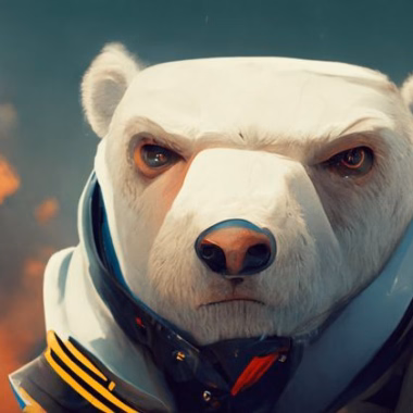 A pseudo-illustration of a polar bear captain of the Bear Space Force looking into the camera.